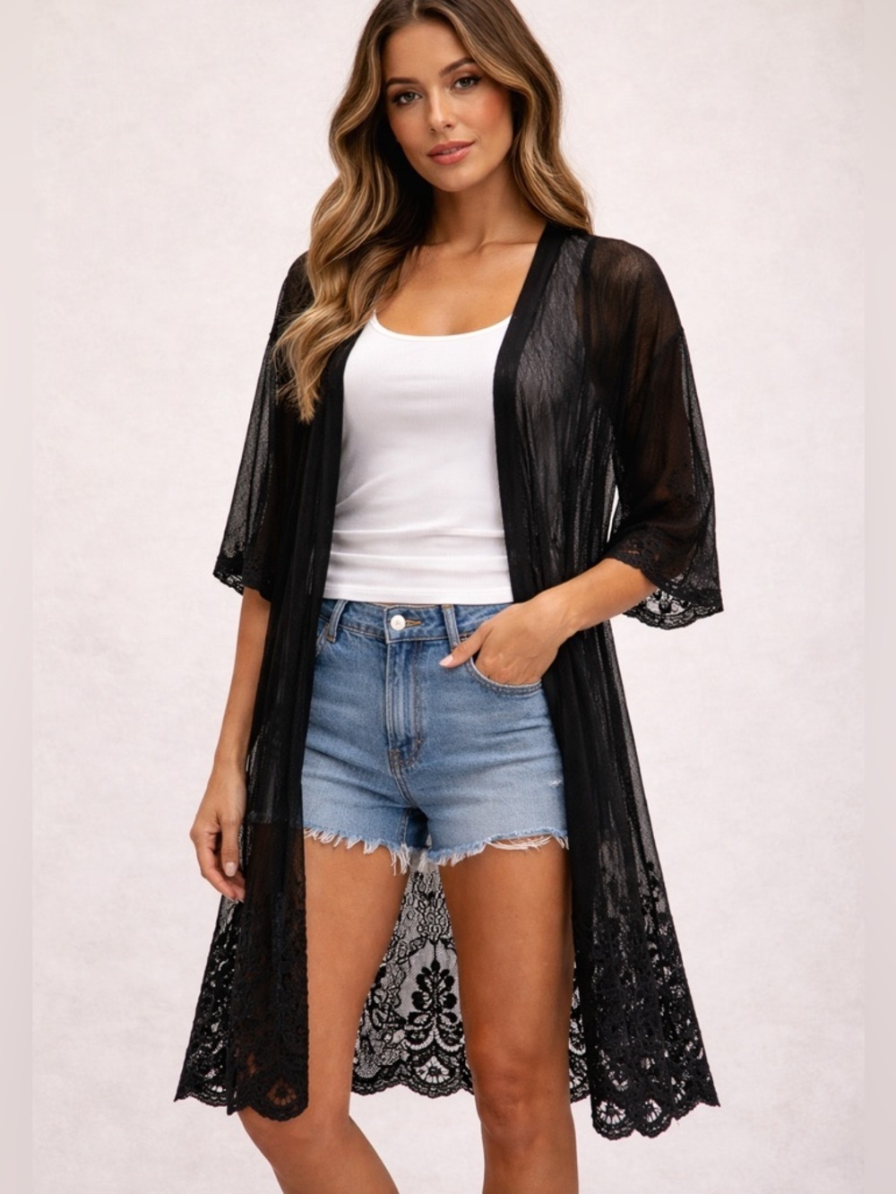 Kimono Cardigan Lace Cover Up One Size Black Mesh Boho 3/4 Sleeve Whimsigoth